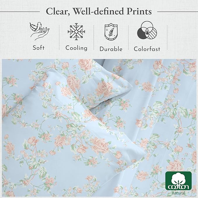 California Design Den Floral Sheets for Full Size Bed, 4 Piece 100% Cotton Sheets Set, Luxury 400 Thread Count Sateen, Deep Pocket Full Sheets (Antique Rose) - LeafyLoom