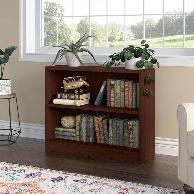 Bush Furniture Universal Small 2 Shelf Bookcase in Vogue Cherry, Low Bookshelf for Home Office or Living Room - LeafyLoom