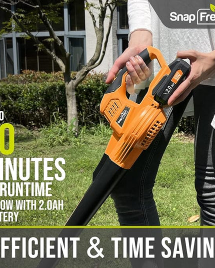 SnapFresh Cordless Leaf Blower - 20V Electric Leaf Blower with 2.0 Ah Battery and Charger - Lightweight 2-Speed Leaf Blower for Lawn Care and Yard/Garden/Patio Cleaning (Orange) - LeafyLoom