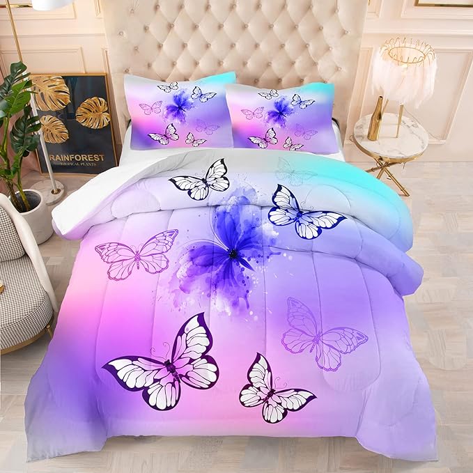 Tailor Shop Purple Butterfly Kids Full Size Comforter Sets Pink Butterfly Bedding Set for Girls Teens Tie Dye Butterflies Comforter Set Room Decor Set with 1 Comforter and 2 Pillowcase… - LeafyLoom