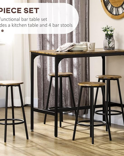 HOMCOM 5-Piece Counter Height Bar Table Set, Rustic 43.25" Dining Table with 4 Bar Stools, Kitchen Table with Wooden Top for Pub, Dining Room, Rustic Brown - LeafyLoom