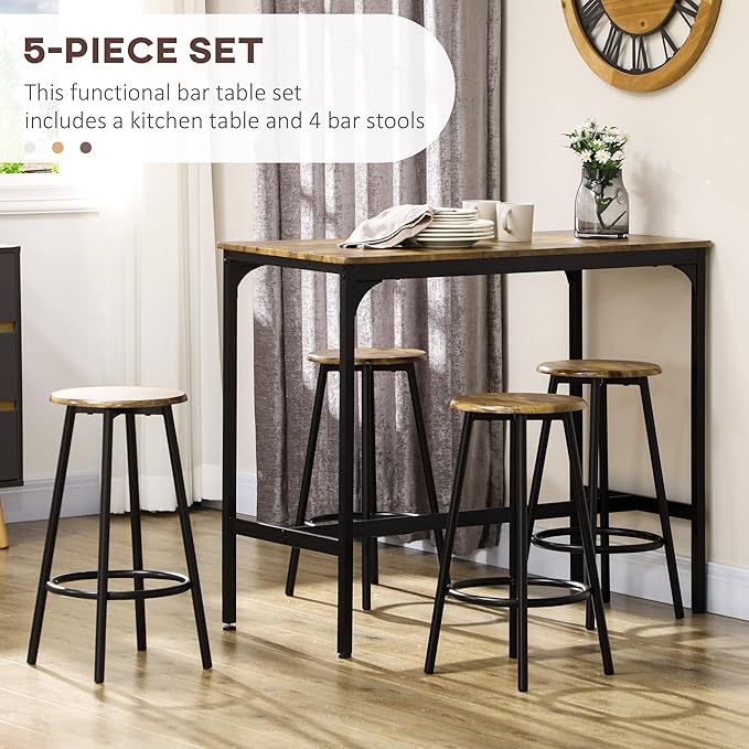 HOMCOM 5-Piece Counter Height Bar Table Set, Rustic 43.25" Dining Table with 4 Bar Stools, Kitchen Table with Wooden Top for Pub, Dining Room, Rustic Brown - LeafyLoom
