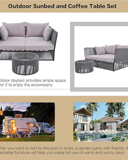 2-Piece Sunbed and Coffee Table, Patio Double Chaise Lounger Loveseat Daybed Outdoor Furniture Set for Backyard Poolside Lawn Balcony, Full, Ac-Grey - LeafyLoom