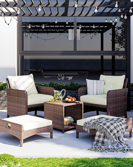Pamapic 5 Pieces Outdoor Patio Wicker Chairs Set with Ottoman, Outside Conversation Furniture Set with Cushions and Coffee Table for Balcony Porch Lawn Garden (Cream Cushion+ Umber Rattan) - LeafyLoom