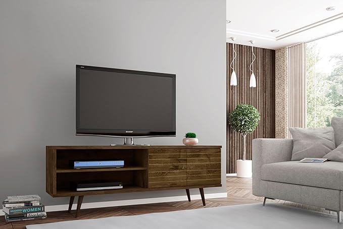 Manhattan Comfort Liberty Mid Century Modern TV Stand for Televisions up to 60 Inches, Bedroom and Living Room Entertainment Center with Storage, Shelves, and Cabinet, 201AMC: 62.99 Inch, Rustic Brown - LeafyLoom