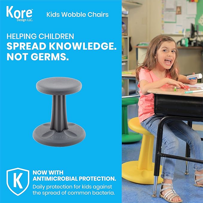 Kore Kids Pre-Teen Wobble Chair - Flexible Seating Stool for Classroom, Home & School, ADD/ADHD - Made in The USA - Age 10-11, Grade 5-6, Grey (18.7in) - LeafyLoom
