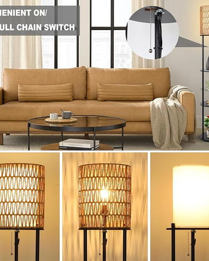 Floor Lamp with Shelves, Corner Floor Lamps for Living Room, Boho Floor Lamp with Double Shades, Rattan Standing Lamp for Bedroom Office, Shelf Tall Floor Lamp for Storage Display, Home Decor - LeafyLoom