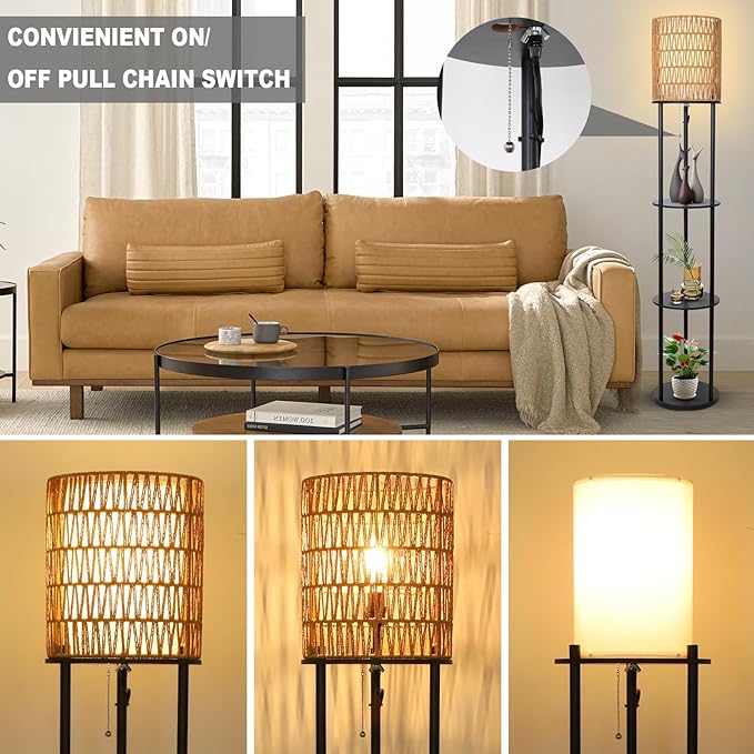 Floor Lamp with Shelves, Corner Floor Lamps for Living Room, Boho Floor Lamp with Double Shades, Rattan Standing Lamp for Bedroom Office, Shelf Tall Floor Lamp for Storage Display, Home Decor - LeafyLoom