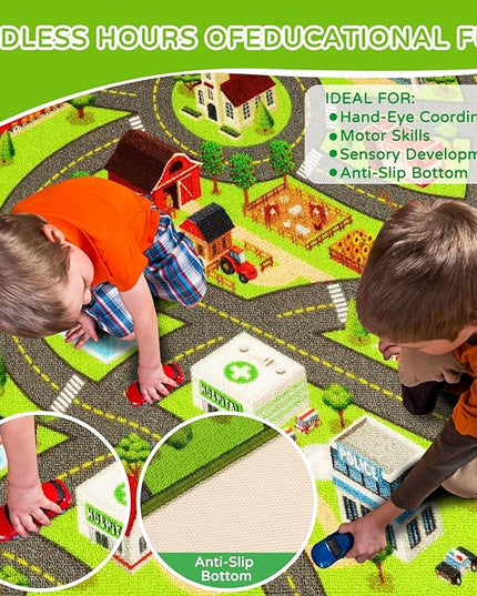 Kids Rugs Traffic Road Carpet for Car City Map Play Rug 3.3'×5' for Playroom Educational Mat Area Rug, Kid Playtime Collection Toddler Car Track Rug Cute Cartoon (City Road A, 39.4×59 in) - LeafyLoom