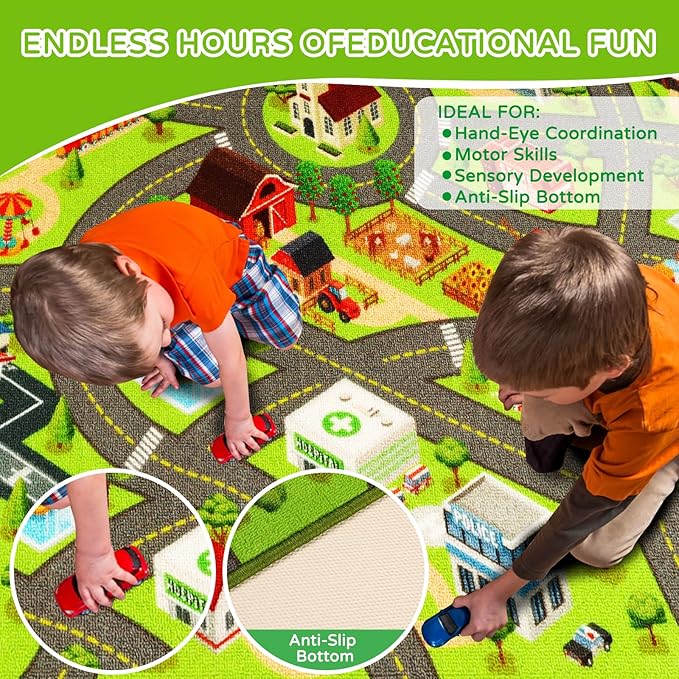 Kids Rugs Traffic Road Carpet for Car City Map Play Rug 3.3'×5' for Playroom Educational Mat Area Rug, Kid Playtime Collection Toddler Car Track Rug Cute Cartoon (City Road A, 39.4×59 in) - LeafyLoom