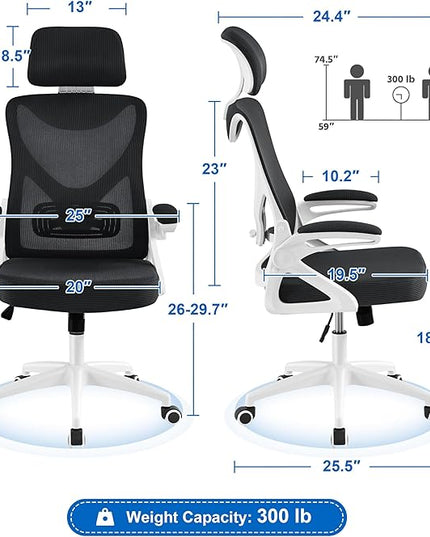 Yaheetech Ergonomic Mesh Office Chair, High Back Desk Chair with with flip-up Armrests, Adjustable Padded Headrest Computer Chair with Lumbar Support for Home Oiffce Game Room, White/Black - LeafyLoom