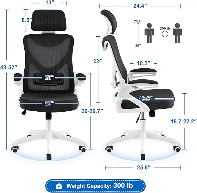Yaheetech Ergonomic Mesh Office Chair, High Back Desk Chair with with flip-up Armrests, Adjustable Padded Headrest Computer Chair with Lumbar Support for Home Oiffce Game Room, White/Black - LeafyLoom
