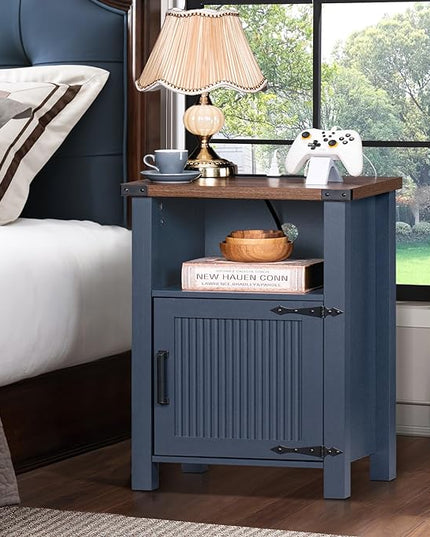 Night Stand Set of 2, 18 Inch Farmhouse Nightstand with with Charging Station and USB Port, Rustic Couch End Table with Magnetic Door, Wood Bed Side Tables for Bedroom, Home, Navy Blue - LeafyLoom