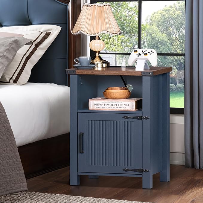 Night Stand with Charging Station and USB Port, 18 Inch Farmhouse Nightstand with Storage Shelf, Rustic Couch End Table with Magnetic Door, Wood Bed Side Tables for Bedroom, Home, Nayv Blue - LeafyLoom