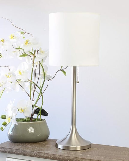 Simple Designs LT1076-BNW Tapered Fabric Drum Shade Table Lamp, Brushed Nickel and White - LeafyLoom
