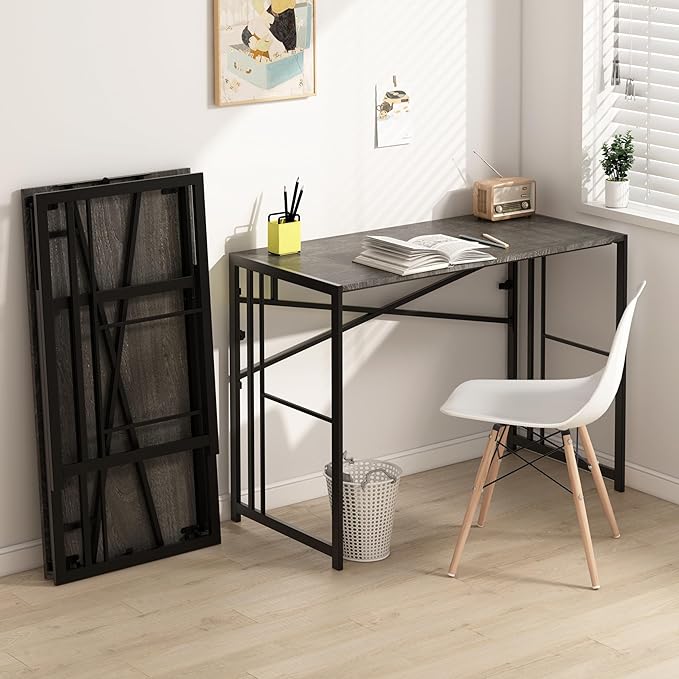 EMODA 40 inch Folding Desk No Assembly Required Home Office Desk Study Writing Gaming Computer Table, Black Oak - LeafyLoom