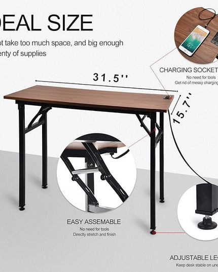 Frylr Small Folding Computer Desk 31.5''LX 15.7''X 29'' with 2 Power Sockets and 2.1A USB Charging Ports, Home Office Desk Portable Writing Desks for Small Space, Foldable Desk, Walnut - LeafyLoom