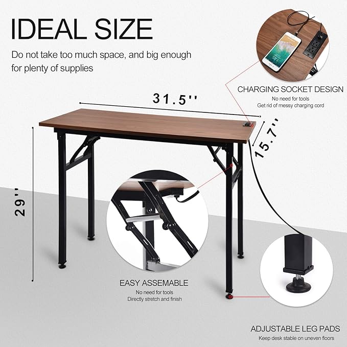 Frylr Small Folding Computer Desk 31.5''LX 15.7''X 29'' with 2 Power Sockets and 2.1A USB Charging Ports, Home Office Desk Portable Writing Desks for Small Space, Foldable Desk, Walnut - LeafyLoom