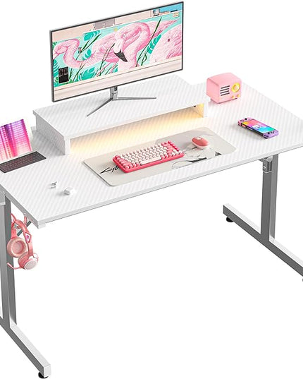 Bestier Small Gaming Desk with Monitor Stand, 42 inch LED Computer Desk, Gamer Workstation with Cup Holder & Headset Hooks, Modern Simple Style Desk for Home Office, Carbon Fiber White - LeafyLoom