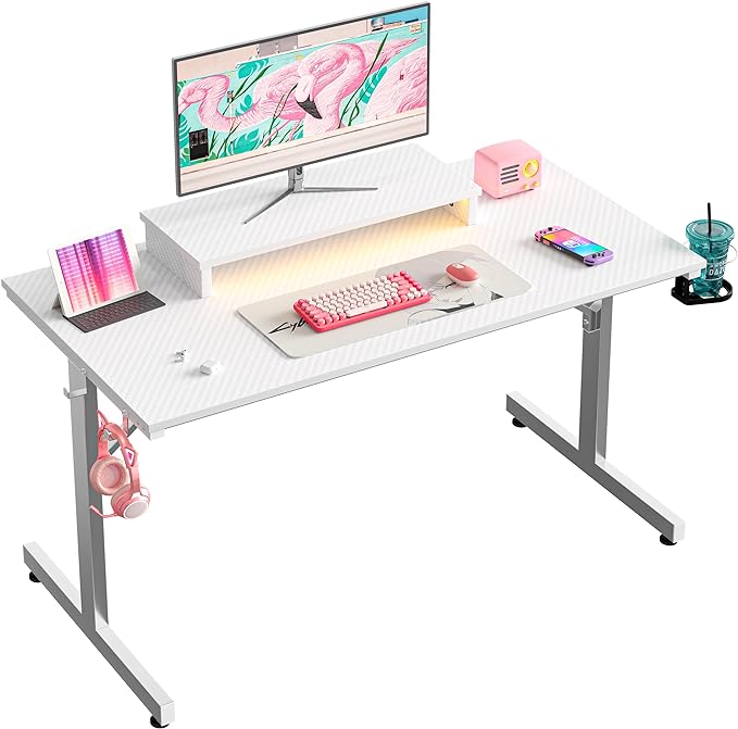 Bestier Small Gaming Desk with Monitor Stand, 42 inch LED Computer Desk, Gamer Workstation with Cup Holder & Headset Hooks, Modern Simple Style Desk for Home Office, Carbon Fiber White - LeafyLoom