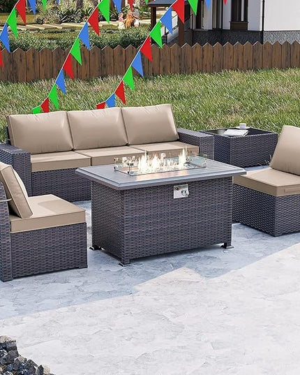 Kullavik 7 Pieces Outdoor Patio Furniture Set with 43" 55000BTU Gas Propane Fire Pit Table PE Wicker Rattan Sectional Sofa Patio Conversation Sets,Khaki - LeafyLoom