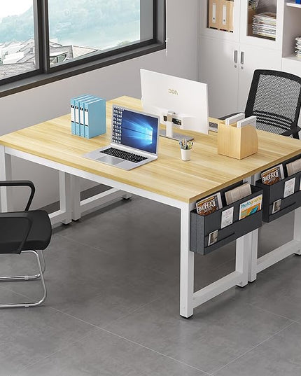 Computer Desk - 63 Inch Large Home Office Desk Wood Study Writing Table Workstation Storage Bag Headphone Hooks Simple Gaming Desk Rustic White/Walnut - LeafyLoom