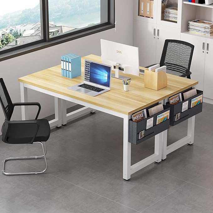 Computer Desk - 63 Inch Large Home Office Desk Wood Study Writing Table Workstation Storage Bag Headphone Hooks Simple Gaming Desk Rustic White/Walnut - LeafyLoom