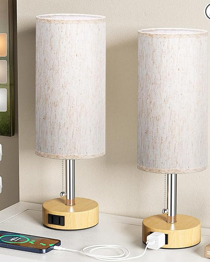 Wood Grain Bedside Table Lamps Set of 2-3 Color Temperatures Pull Chain Lamp with AC Outlet Charging Port, Two Round Night Stand Lamps for Bedroom Office, Small Bed Light with E26 LED Bulbs - LeafyLoom
