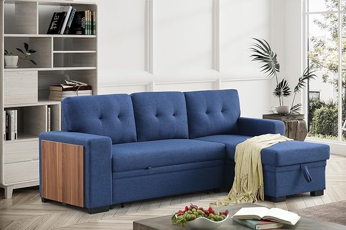 92" Sleeper Couch with Storage Chaise,L-Shape Sectional Pull Bed W/USB & Cup Holder,Built-in Wood Shelf Armrest,3 Seat Linen Convertible Sofas for Living Room Office Flats,Blue - LeafyLoom