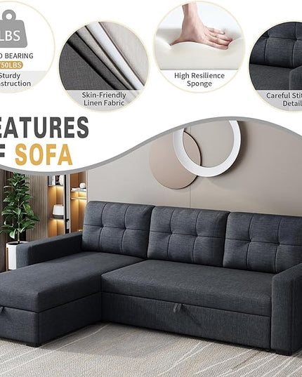 Sleeper Sofa Couch with Pull Out Bed,L Shaped Sleeper Sofa with Storage,Sectional Sleeper Couch,Convertible Sleeper Sectional Sofa W/Chaise and 3 Back Cushions,for Living Room,Office,Dark Grey - LeafyLoom