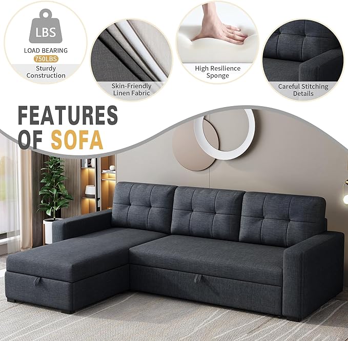 81.5" Sectional Sleeper Sofa with Storage Chaise, L Shaped Pull Out Couch Bed with 3 Removable Back Cushion for Living Room,Apartment,Office,Dark Grey - LeafyLoom