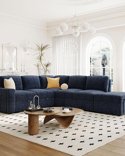 90.6'' L-shaped Modular Sectional Sofa with Storage Space, Ottoman and Pull-Out Bed, 6 Seat Upholstered Couch w/USB Ports & Cup Holders, for Living Rooms, Offices, Apartments, Blue, 90.6 Inch - LeafyLoom
