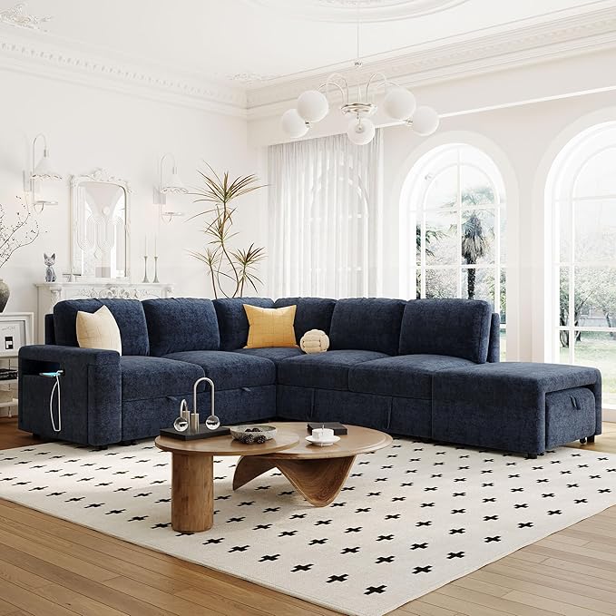 90.6'' L-shaped Modular Sectional Sofa with Storage Space, Ottoman and Pull-Out Bed, 6 Seat Upholstered Couch w/USB Ports & Cup Holders, for Living Rooms, Offices, Apartments, Blue, 90.6 Inch - LeafyLoom
