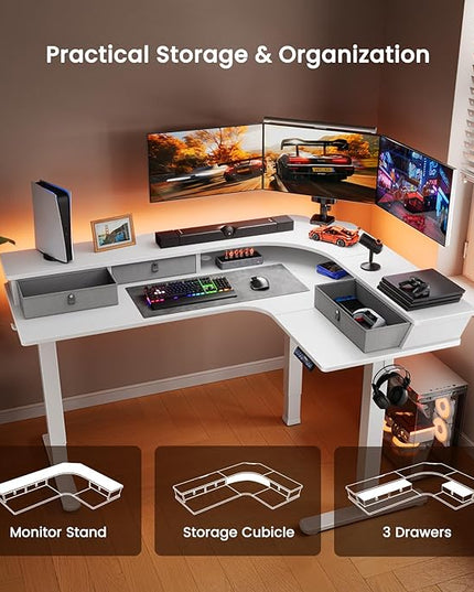 ErGear 65'' L Shaped Standing Desk for Gaming, [3 Drawers & 2 Cable Management Trays] Corner Stand up Desk [Compatible w/C-Clamp Mount] Height Adjustable for Home Office, White - LeafyLoom