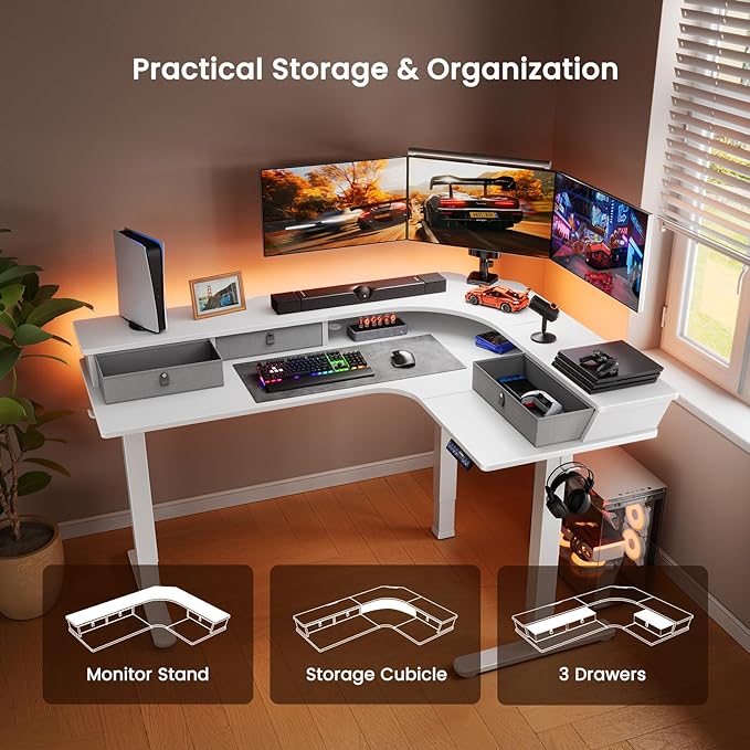 ErGear 65'' L Shaped Standing Desk for Gaming, [3 Drawers & 2 Cable Management Trays] Corner Stand up Desk [Compatible w/C-Clamp Mount] Height Adjustable for Home Office, White - LeafyLoom