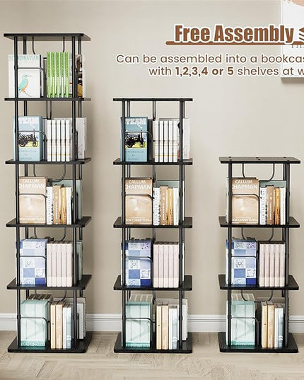 5 Tier Square Rotating Bookshelf, 360 ° Display Stackable Spinning Bookshelf Tower, Space Saving Tall Floor Standing Swivel Bookcase Corner Storage Organizer for Bedroom, Living Room, Black - LeafyLoom