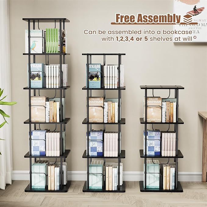 5 Tier Square Rotating Bookshelf, 360 ° Display Stackable Spinning Bookshelf Tower, Space Saving Tall Floor Standing Swivel Bookcase Corner Storage Organizer for Bedroom, Living Room, Black - LeafyLoom