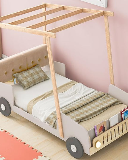 Twin Size Car Bed with Car-light shape LED & Pillow,Wooden Kids Bedframe W/Magazine Holder & Ceiling Cloth,Toy Bedroom Furniture for Boys Kids Toddlers Child,Natural - LeafyLoom