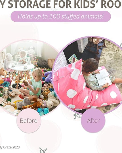 Butterfly Craze Bean Bag Chair Cover, Functional Toddler Toy Organizer, Fill with Stuffed Animals to Create a Jumbo, Comfy Floor Lounger for Boys or Girls, Stuffing Not Included, Pink Polka Dots - LeafyLoom