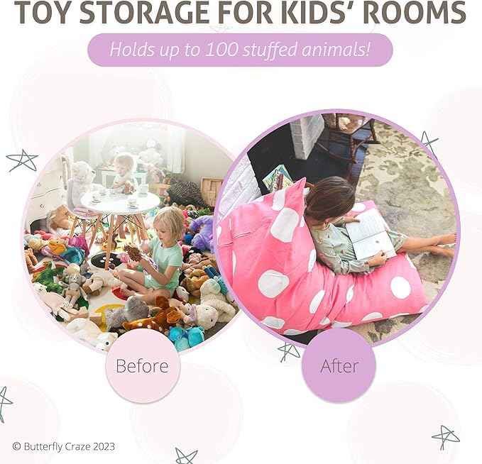 Butterfly Craze Bean Bag Chair Cover, Functional Toddler Toy Organizer, Fill with Stuffed Animals to Create a Jumbo, Comfy Floor Lounger for Boys or Girls, Stuffing Not Included, Pink Polka Dots - LeafyLoom