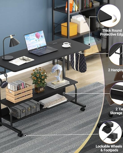 Height Adjustable Standing Desk with Power Outlets, 39" Manual Stand Up Desk with Storage Shelves Small Mobile Rolling Computer Desk Portable Laptop Table with Wheels for Home Office, Black - LeafyLoom