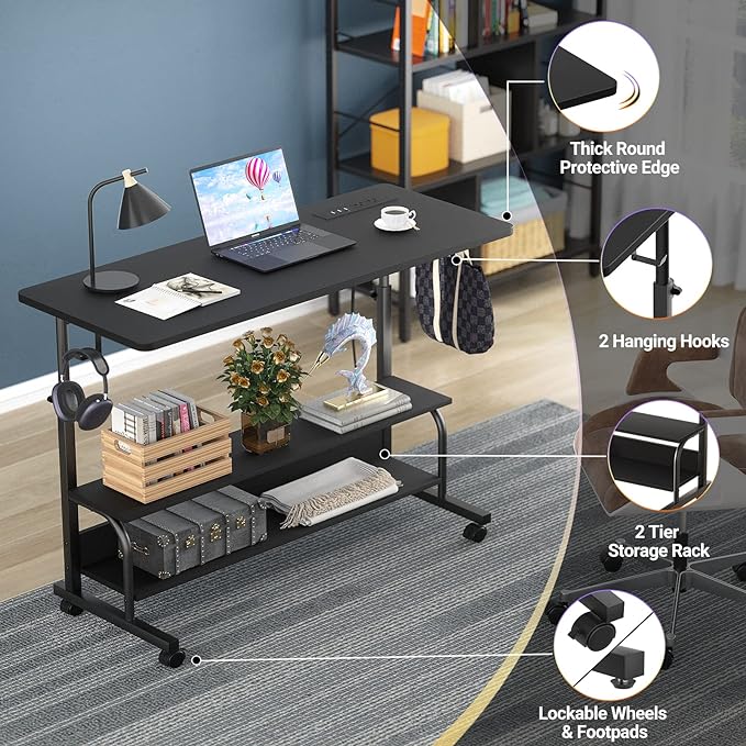 Height Adjustable Standing Desk with Power Outlets, 39" Manual Stand Up Desk with Storage Shelves Small Mobile Rolling Computer Desk Portable Laptop Table with Wheels for Home Office, Black - LeafyLoom