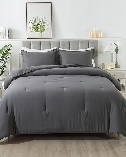 Dark Gray Comforter Set Full, Solid Grey Down Alternative Bedding Comforter Set, Breathable Fluffy Microfiber Comforter Full Size (79"x90") for All Seasons with Pillowcase - LeafyLoom