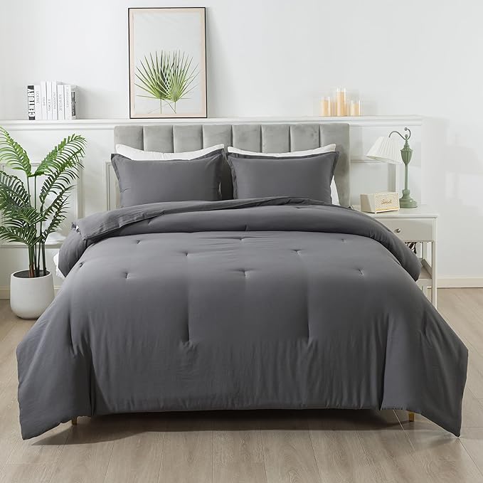 Dark Gray Comforter Set Full, Solid Grey Down Alternative Bedding Comforter Set, Breathable Fluffy Microfiber Comforter Full Size (79"x90") for All Seasons with Pillowcase - LeafyLoom
