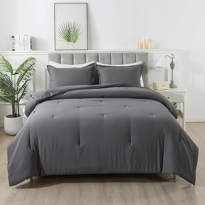 Dark Gray Comforter Set Twin, Solid Grey Down Alternative Bedding Comforter Set, Breathable Fluffy Microfiber Comforter Twin Size (68"x90") for All Seasons with Pillowcase… - LeafyLoom