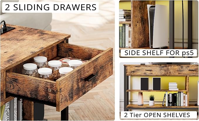 IRONCK TV Stand LED Lights, Entertainment Center with Power Outlet for 55 Inch TV, Industrial TV Console with Media Storage Shelf and 2 Large Drawers,for Bedroom/Living Room, Vintage Brown - LeafyLoom