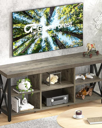 GreenForest TV Stand for TV up to 65 inches, Entertainment Center with 6 Storage Cabinet for Living Room, 55 inch Farmhouse Television Stands Console Table, Industrial TV stands for Living Room, Gray - LeafyLoom