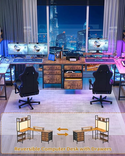 Aheaplus L Shaped Desk with Hutch, Gaming Desk with Led Lights, Reversible Computer Desk with Power Outlet, Corner Desk with File Drawer & Monitor Stand, Storage Shelves for Home, F1, Rustic Brown - LeafyLoom