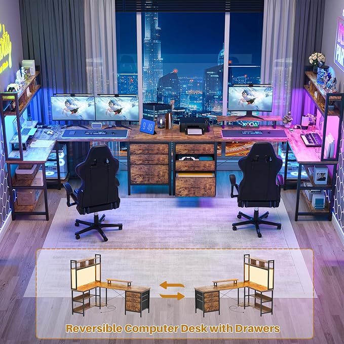 Aheaplus L Shaped Desk with Hutch, Gaming Desk with Led Lights, Reversible Computer Desk with Power Outlet, Corner Desk with File Drawer & Monitor Stand, Storage Shelves for Home, F1, Rustic Brown - LeafyLoom