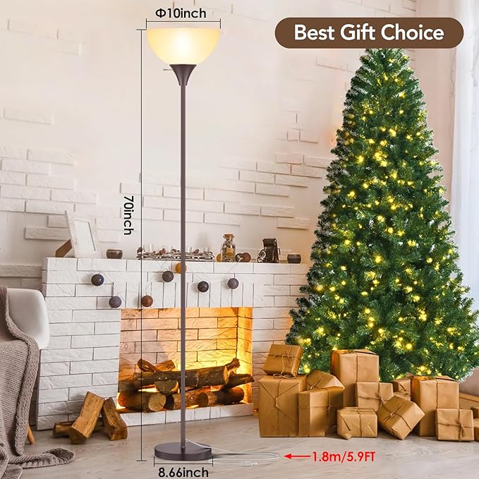 Floor Lamp, LED Standing Lamps with White Plastic Shade, Brown Modern Torchiere Floor Lamp, Tall Lamps for Living Room Dorm Bedroom, Rotary Switch, E26 Base, Bulb not Included, Brown - LeafyLoom